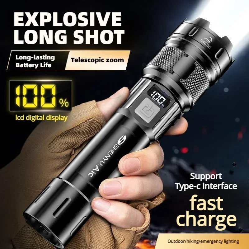 

Powerful White Laser Flashlight Zoom Type-C Charging Digital Display Built-in Battery Torch Emergency Light for Outdoor Camping