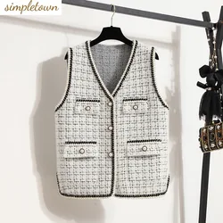 Large Size Women's Clothing 2024 Trendy Women's Autumn New French Patchwork Color Contrast Coarse Tweed Vest Fashion Vest