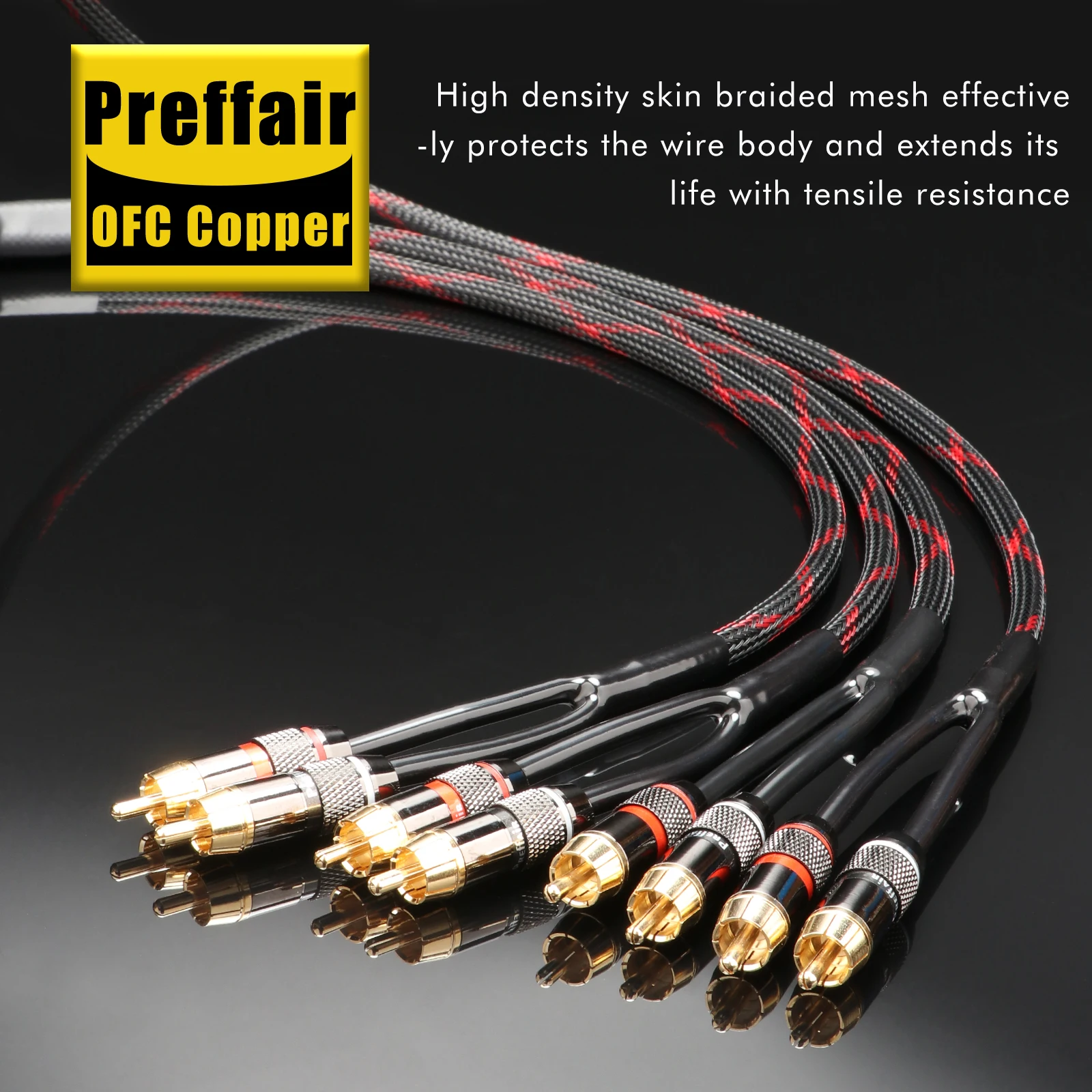 Preffair Gold Plated 2 RCA to 6 RCA Male 4 Core OFC Copper HiFi Audiophile RCA Splitter Y Adapter For AV Receiver