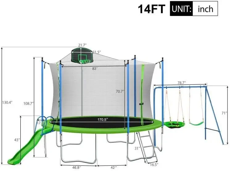 Trampoline with Swing, Slide, Basketball Hoop, Safety Enclosure and Ladder, ASTM Approval Outdoor Recreational Tram