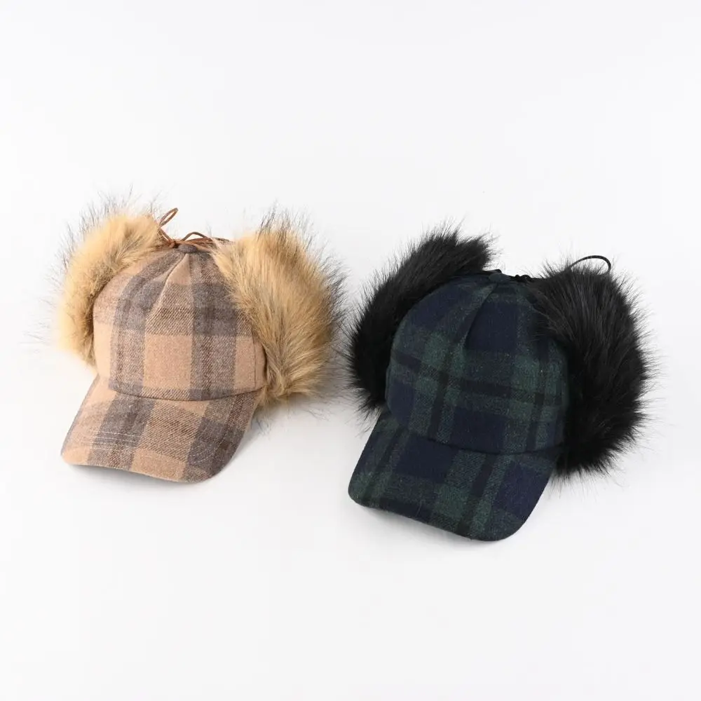 Versatile Faux Fur Pilot Hat Plaid Pattern Ear Flaps Bomber Cap Lining Warm Insulation Baseball Caps for Men & Women