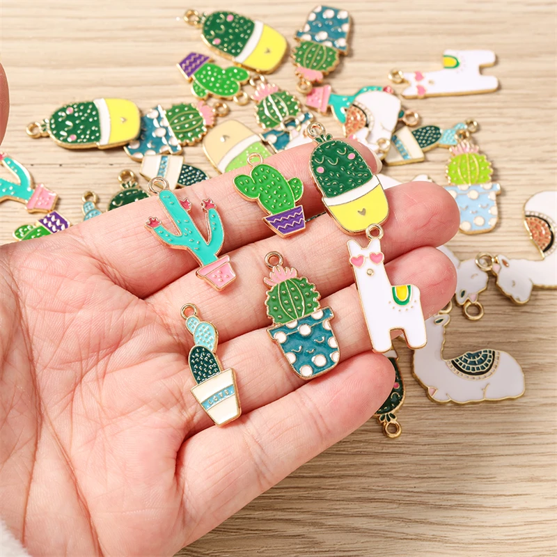 10 Stück gemischte niedliche Pflanzen-Kaktus-Anhänger, Emaille-Anhänger, Alpaka-Anhänger für die Schmuckherstellung, Halsketten, Ohrringe, DIY-Bastelzubehör – Detail 2