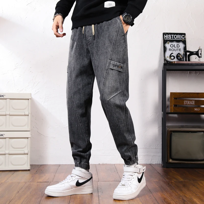 Vintage Loose Haren Jeans Spring Autumn Youthful Vitality Spliced Men's Clothing All-match Elastic Fashion Drawstring Trousers