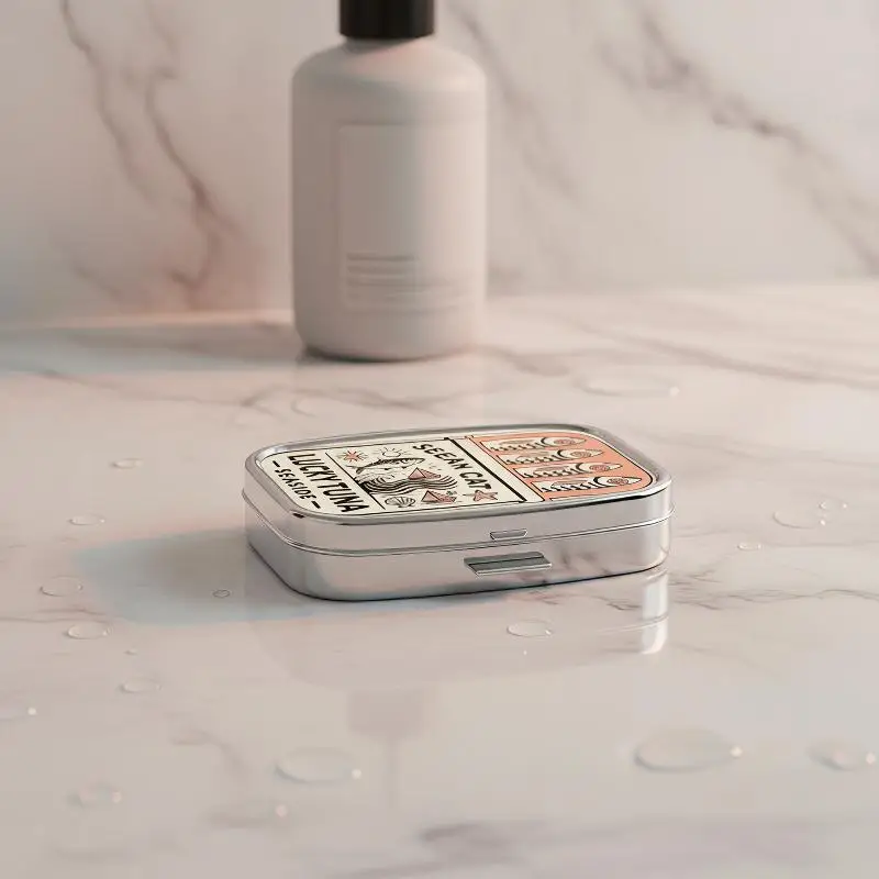 Pill Organizer Eco-friendly Metal Sardines Print 2 Compartment Mini Medication Case for Travel Hiking Gifts