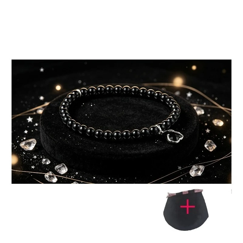 Natural Black Obsidian Beaded Bracelet Women Silver Black Butterfly Charm Stretch Bracelet Gothic Daily Jewelry Gift