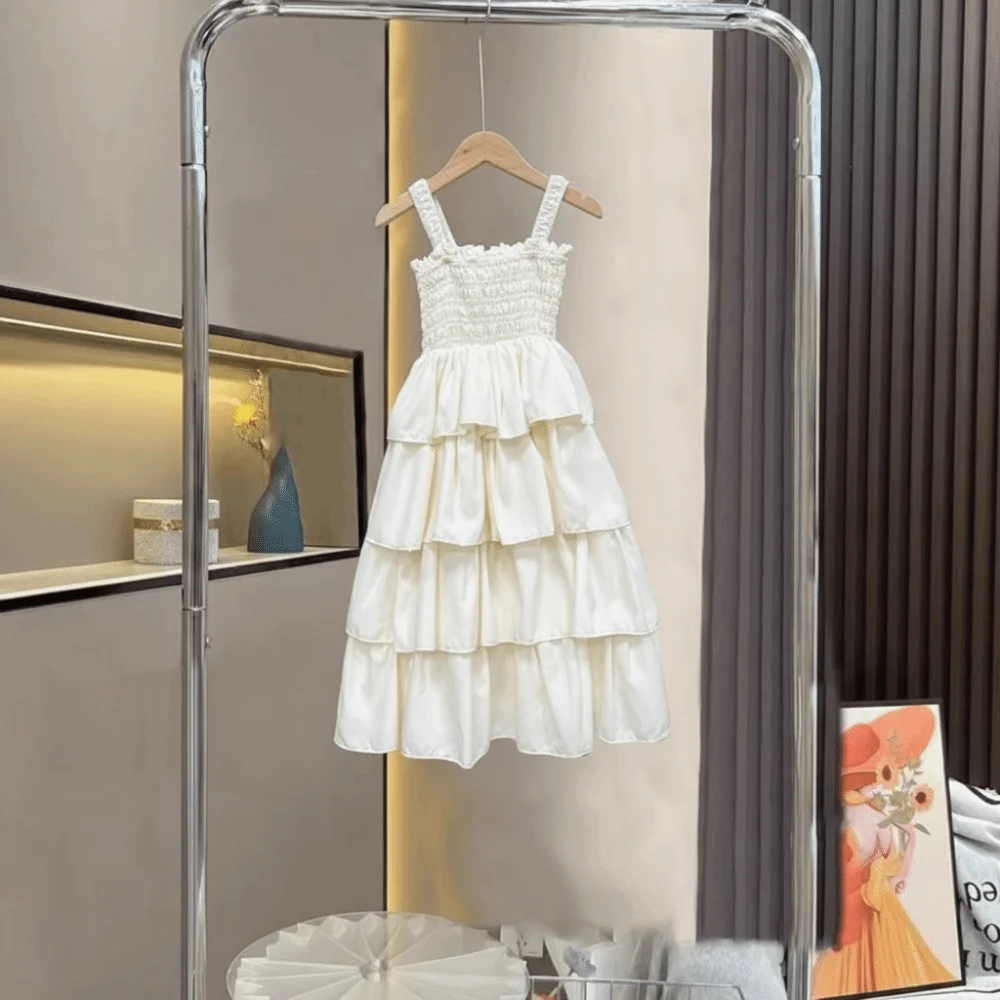 Fashion Sleeveless Strap Dress Casual Sweet Ruffle Layered Dress Princess Dress Girls