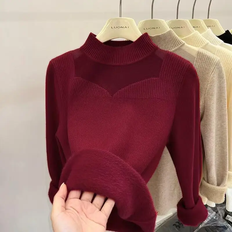 فتاة سترة مبطنة بالصوف الخريف الشتاء وهمية الرقبة قاعدة طبقة جديدة الحد الأدنى البلوز القمم الدفء الذاتي زراعة الملابس الداخلية
