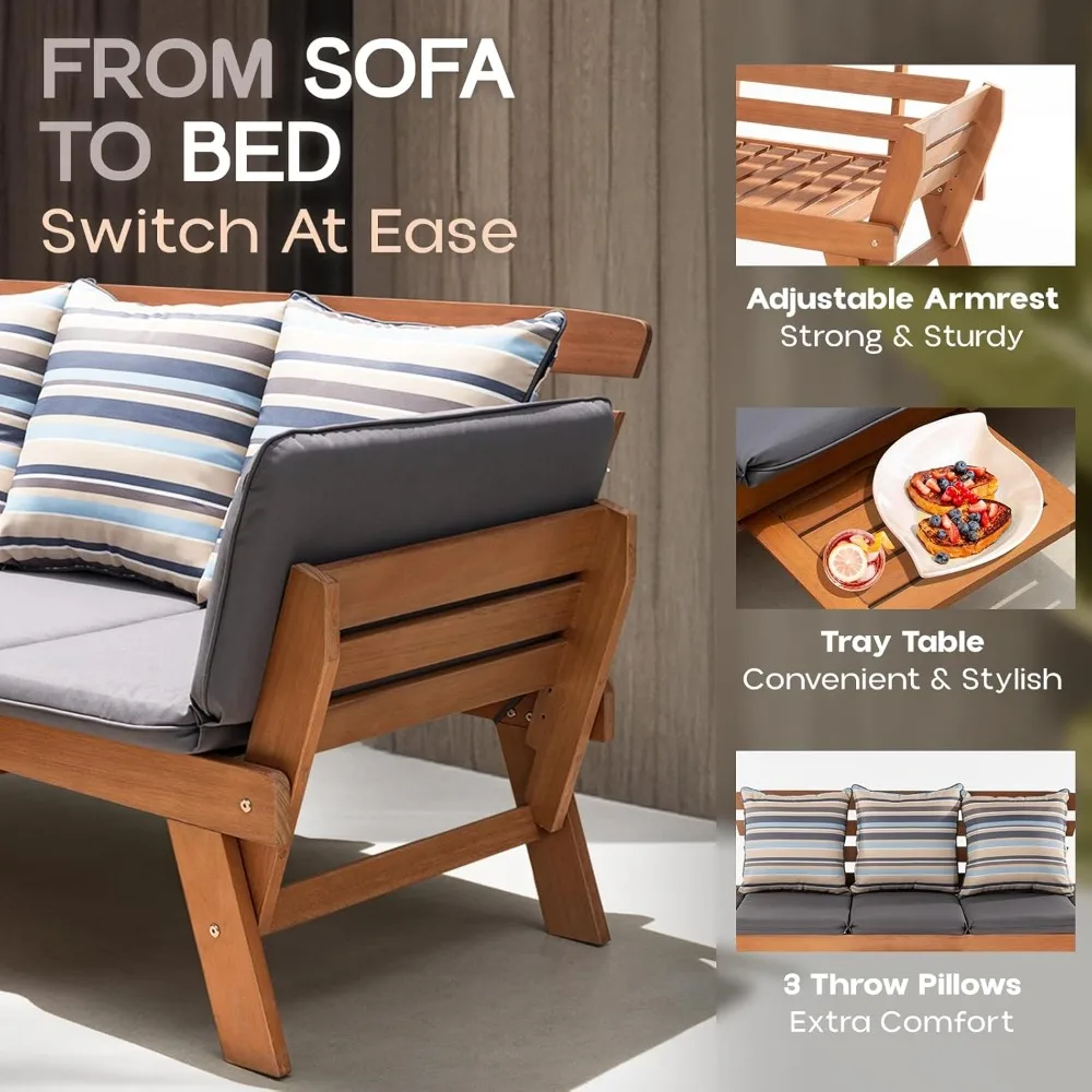 Sofá convertible para exteriores, sofá de patio de 750 libras de capacidad con reposabrazos plegable y bandeja de café, juego de muebles de madera con certificación FSC