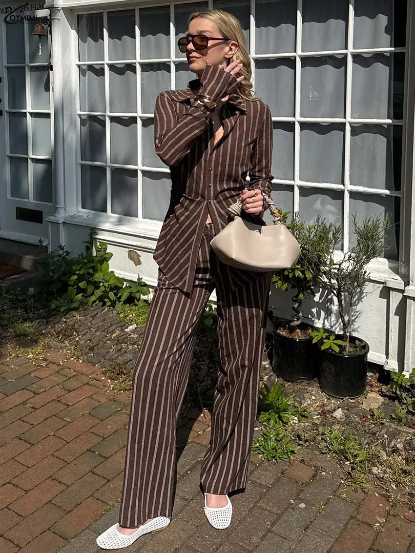 

Oymimi Fashion Brown Print 2 Pieces Set For Woman Elegant Long Sleeve Single Breasted Slim Shirts And Straight Trousers Sets