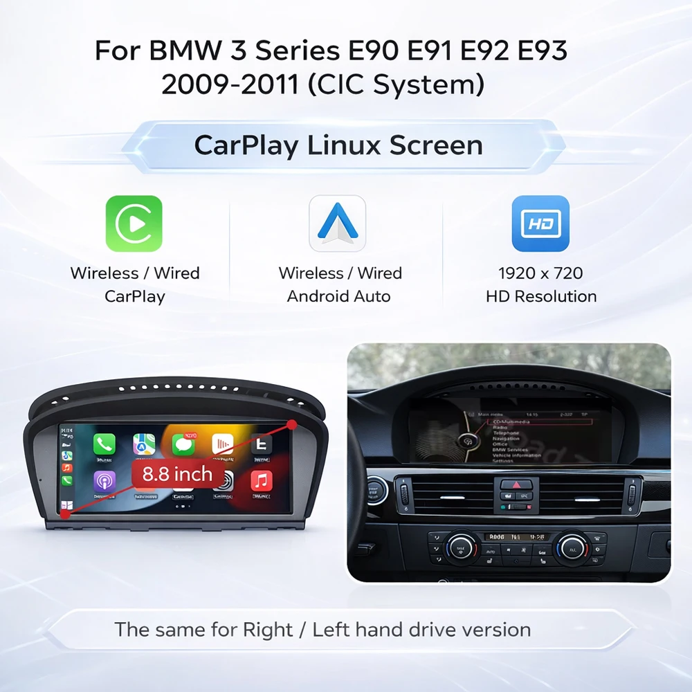 8,8 inch draadloos CarPlay Android Auto Linux scherm voor BMW E60 E61 E90 E91 E92 E93 CCC CIC, AirPlay, camera ondersteuning