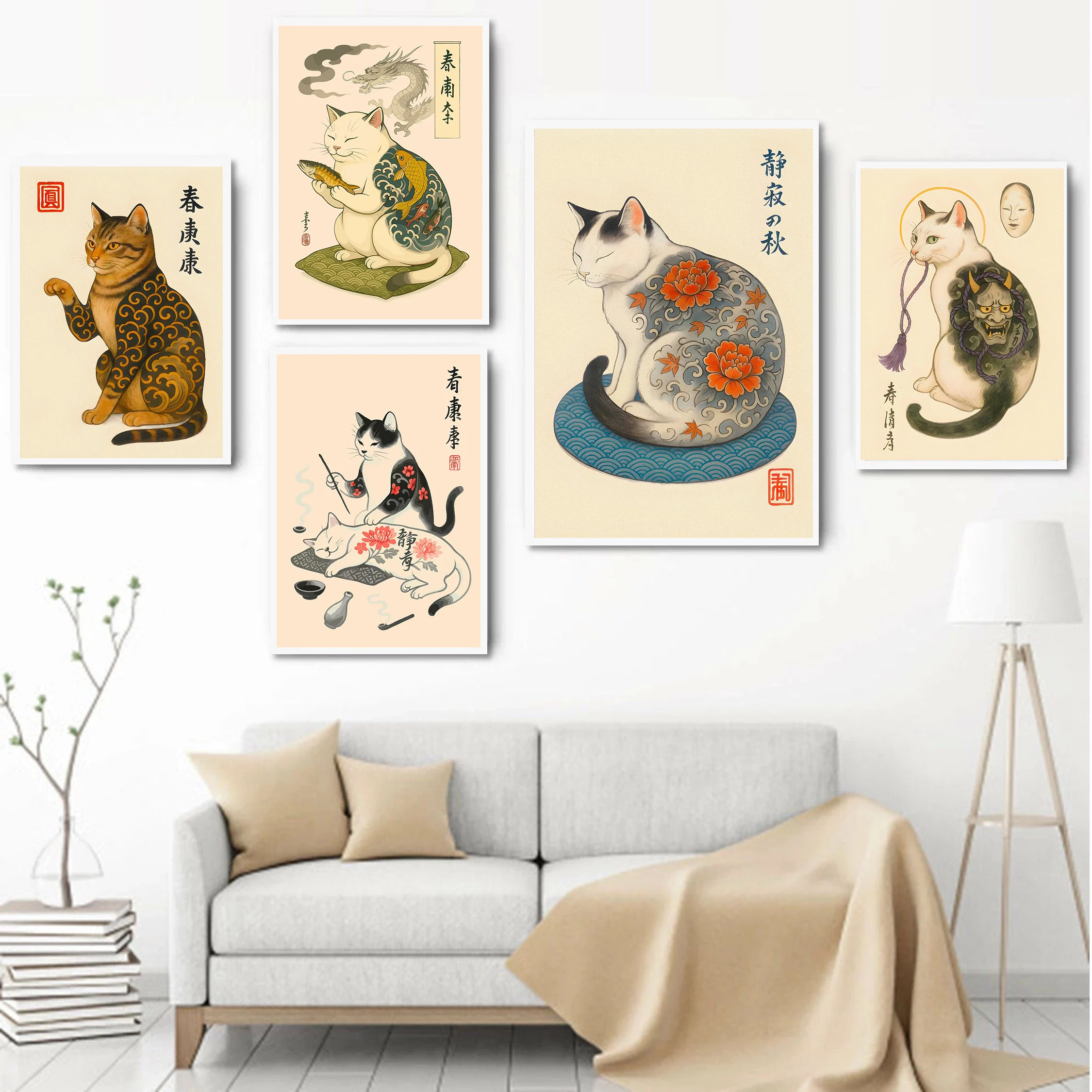 Japanese Minimalism Lifestyle - Japanische Katze mit Oni-Masken-Tattoo-Poster, abstrakter Minimalismus,