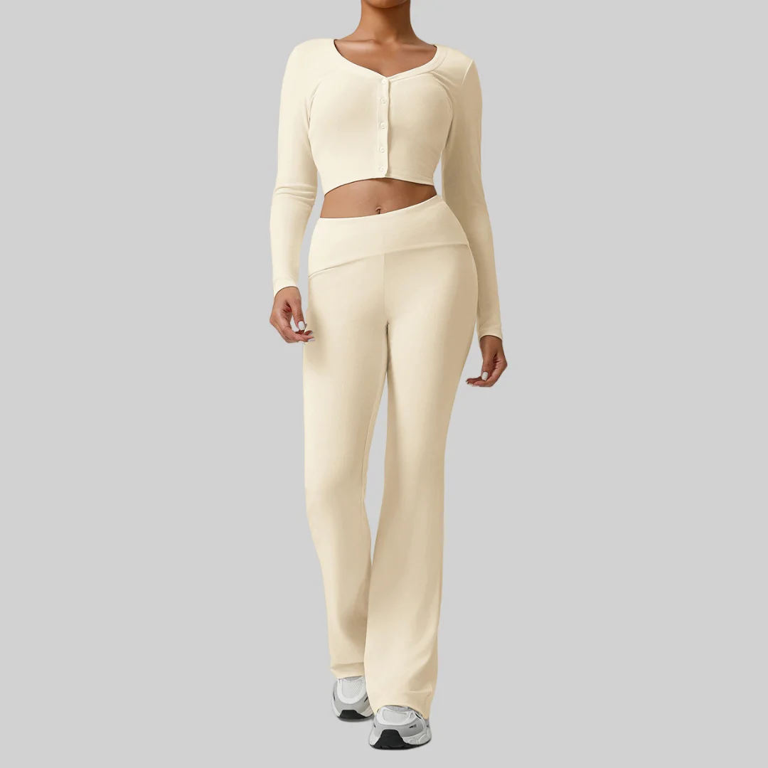 

Yoga Set Fitness Peach Hip Breathable Slim V-Neck Threaded Flared Pants Long Sleeve Outdoor Running Sports Pants Set for Women