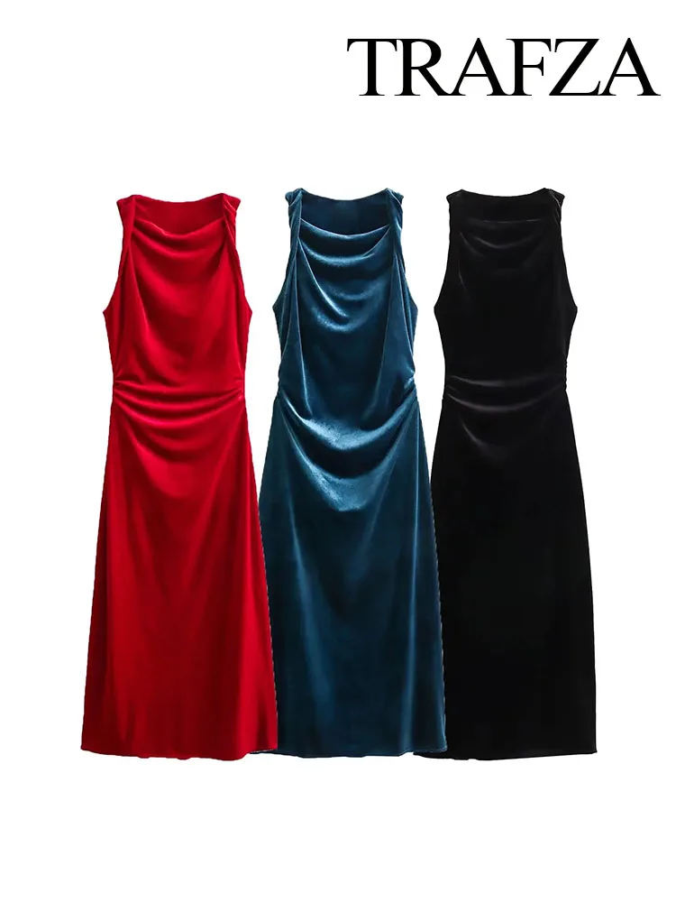 TRAFZA New 2024 Women Velvet Sleeveless Dress Fashion Female Three Color Pleated Velvet Midi For Slim Fit Dress Woman Dress