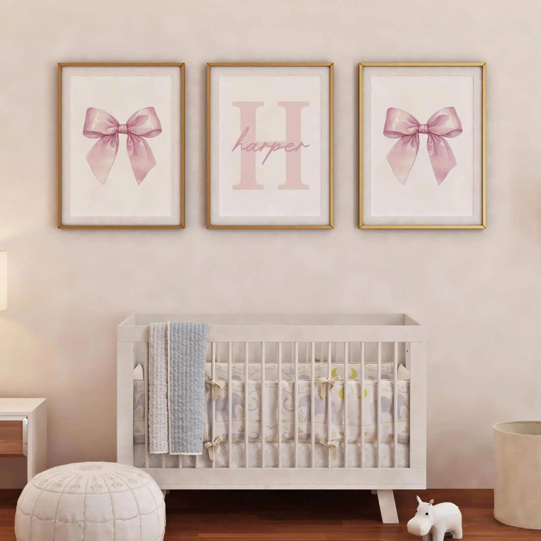 Custom Pink Bow Watercolor Wall Art Set Prints Personalized Name Sign Room Decor Custom Initial Girly Art Nursery Decor Gift image 5