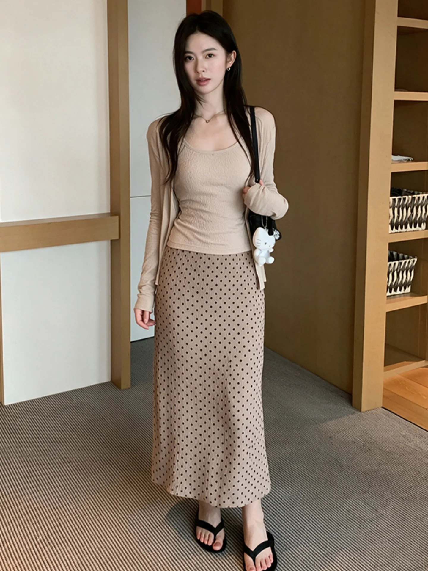 plus Size Long Sleeve Open Cardigan with Strap Vest Women's Autumn Fashion Set Polka Dot Arm Covering Three-Piece Suit