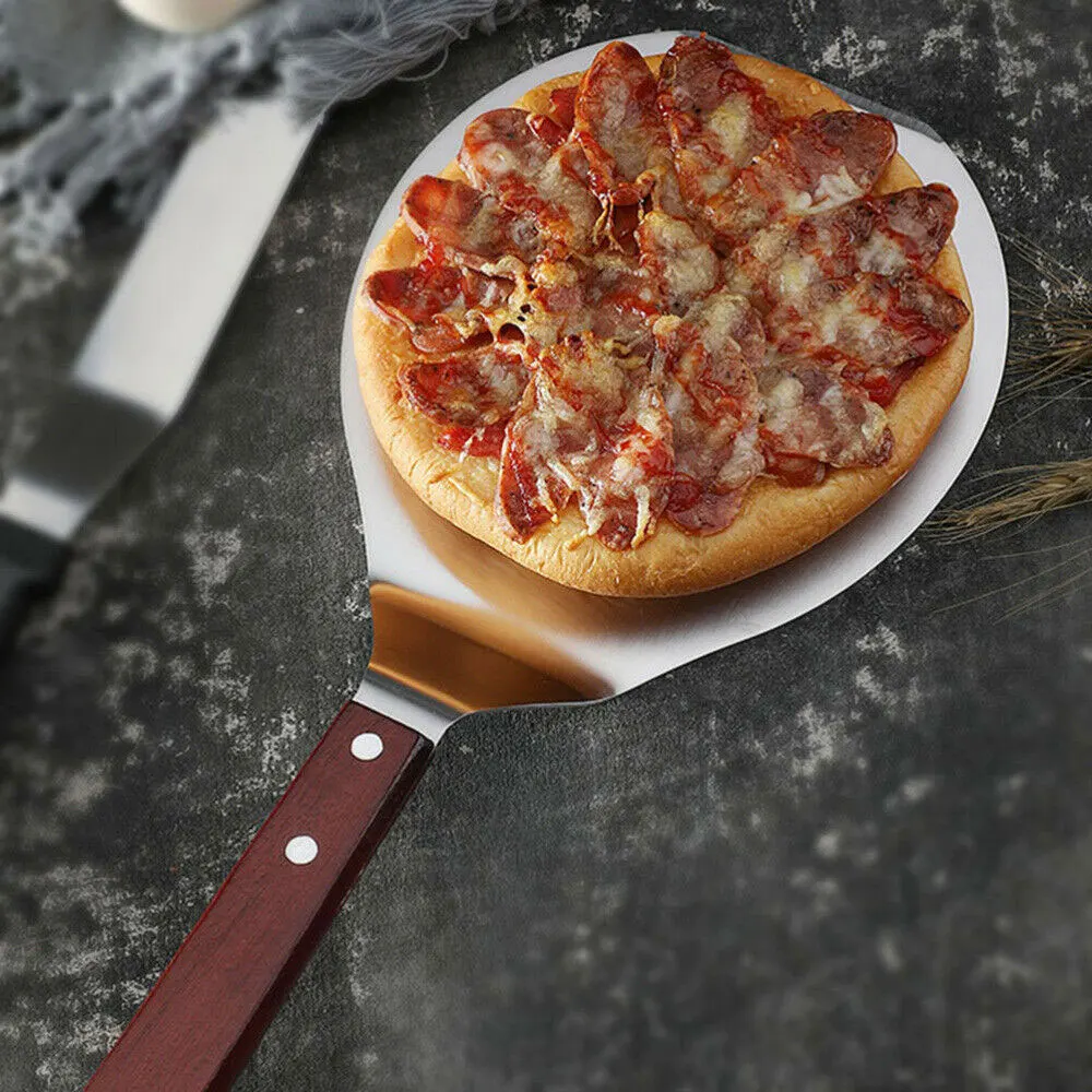 Stainless Steel Pizza Peel Round Pizza Spatula with Wood Handle Cake Lifter Transfer Tray Pizza Shovel for Baking Accessories