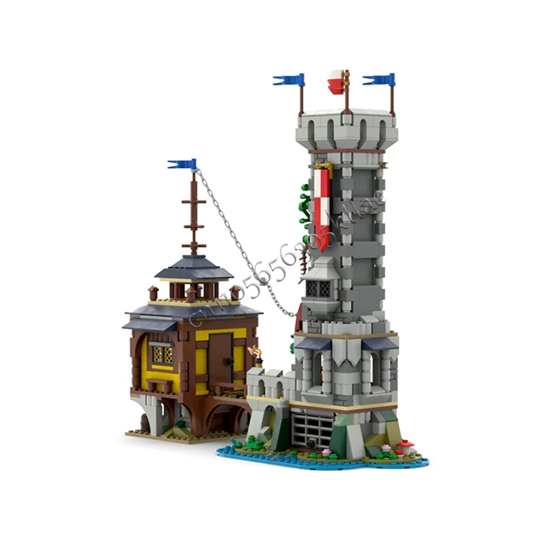Juego de bloques de construcción de muelle de torre de dragón Medieval MOC, modelo de escena arquitectónica europea, ladrillos, montaje para niños, regalo de cumpleaños, 1035 Uds.