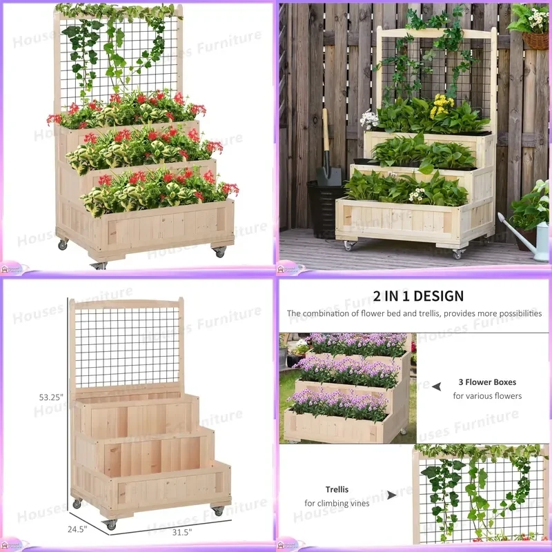 Elevated Garden Planter Box with Wheels Outdoor Raised Flower Bed Spruce Wood Patio Planter with Storage Shelf Grille Large