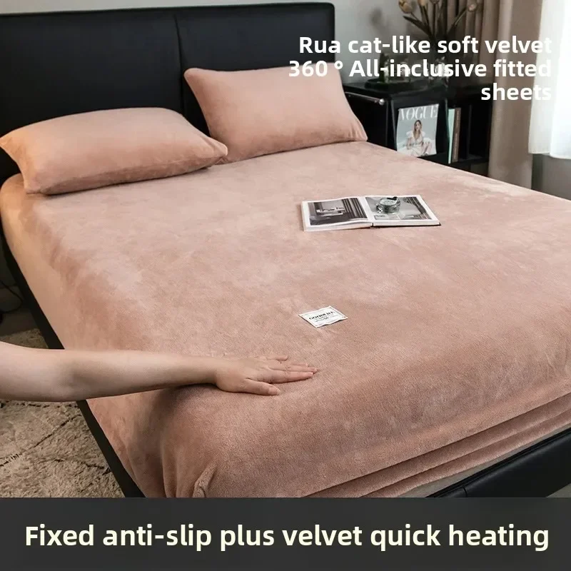 

Cozy Coral Fleece Bed Sheet Set - Thermal Elastic Mattress Cover, Winter Luxury Double Size Bedding for Cold Nights