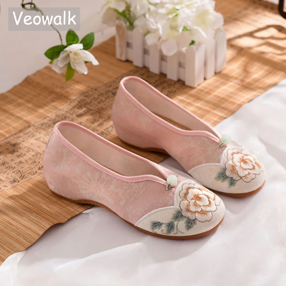 Veowalk Jacquard Embroidered Women Comfortable Slip On Ballet Flats Retro Ladies Soft Cotton Fabric Chinese Style Shoes