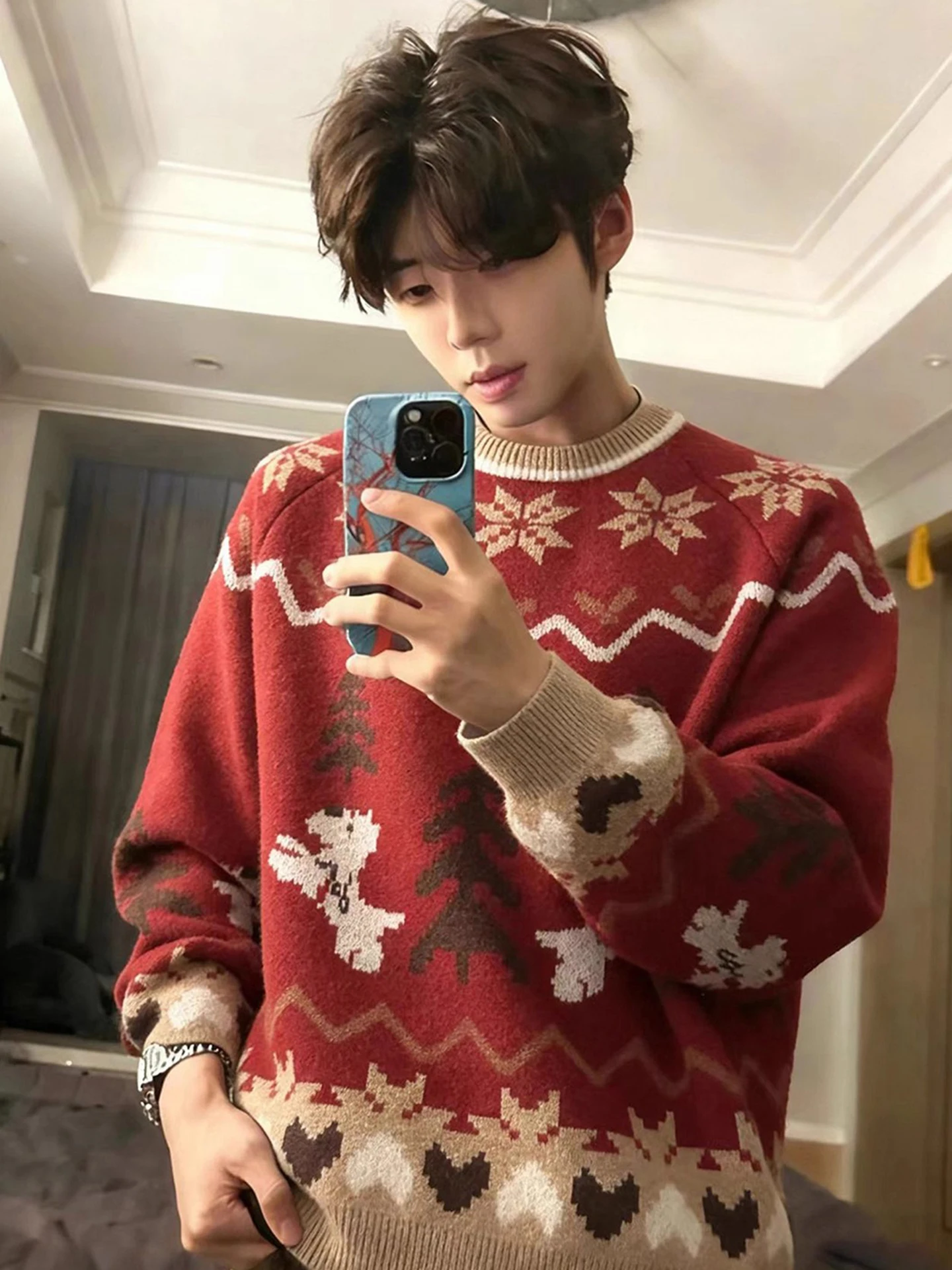 

Xue Zhiqian DSP Island Texture round Ne Knitted Sweater Men's Loose Lazy Sle Winter Faion Soft Warm Plant Floral Pattern