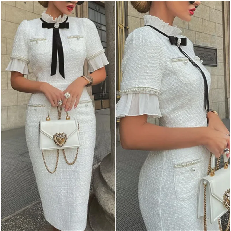 

Women Elegant Delicate New Slim Round Neck Short Sleeves Bow Ruffle Hem Beaded Formal Fragrant Breeze White Dress