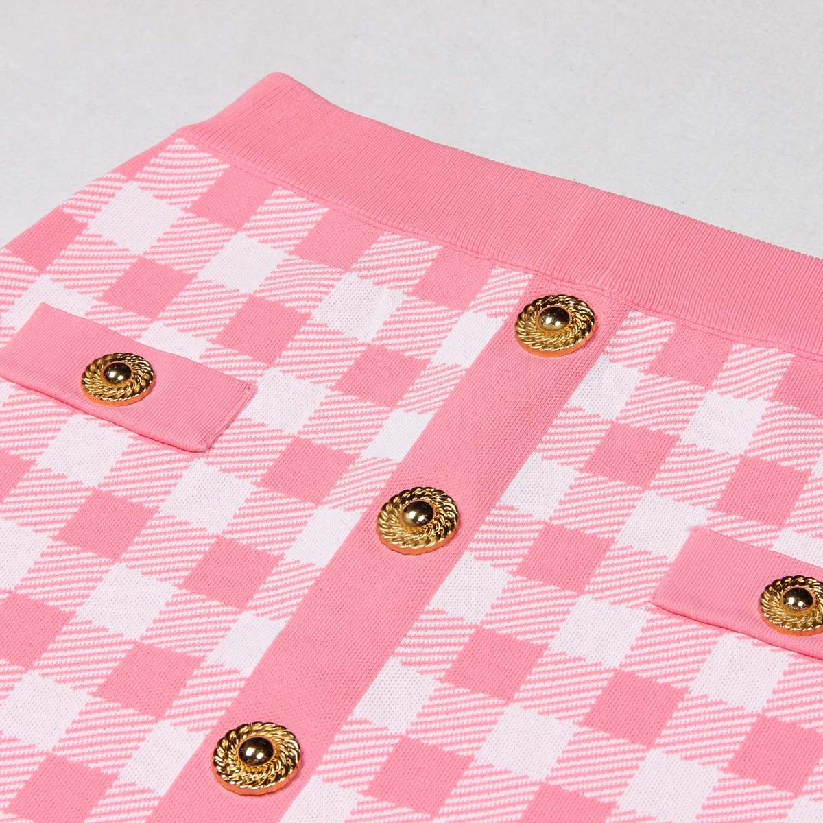 SML Three Colors High Quality Plaid Pattern Gold Button Zipper Slim Fit Elastic Knitted Sexy Commuter Casual Women's Short Skirt