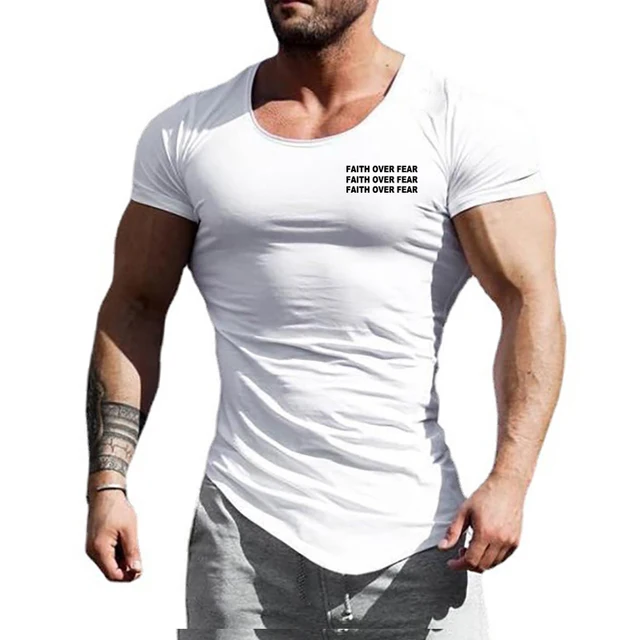Faith Over Fear Print Short Sleeve Sport T-Shirt Cotton Breathable Slim Fit Gym Fitness Shirt Men Irregular Hem Bodybuilding Top