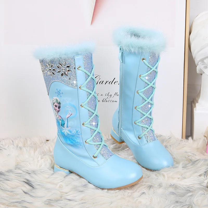 Girls High Heel Boots Winter New Princess Elsa Long Boots Children High Boots Fleece-lined Knight Little Girl Shoes Fashion