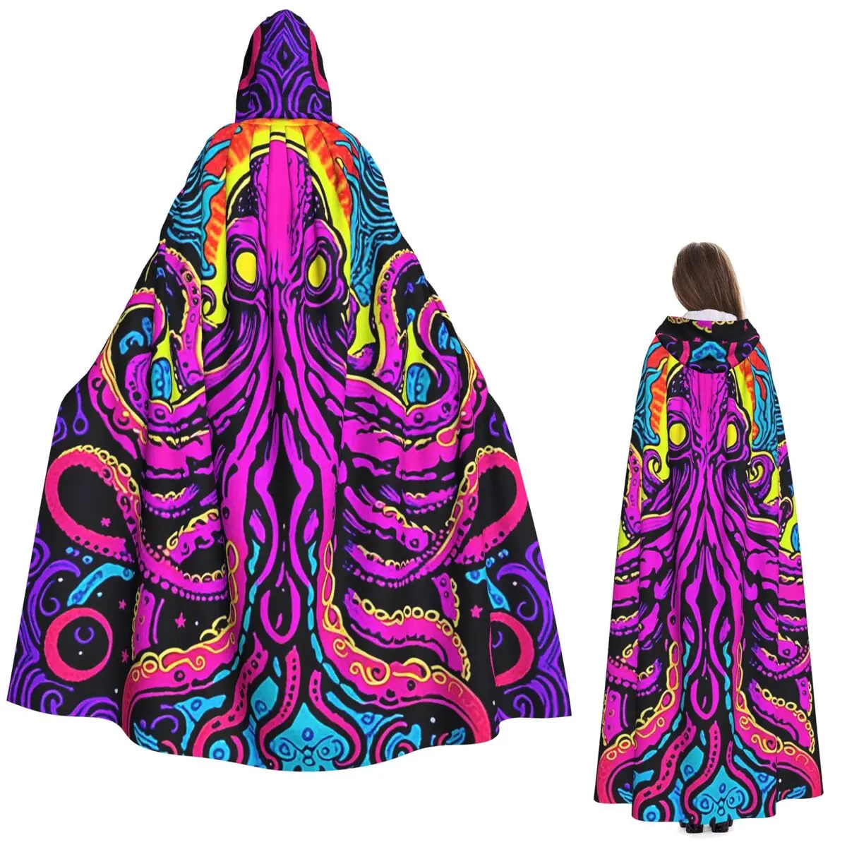 

Осьминог в витражном окне, длинный плащ с капюшоном, средневековый костюм ведьмы, накидка для косплея, пальто на Хэллоуин для взрослых, унисекс