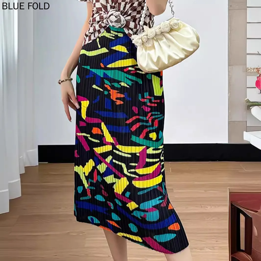 

Miyake High-end Fashion Pleated Hip-wrapped Pattern Print High Waist Skirt for Women Summe Elastic Waist Faldas Ropa De Mujer