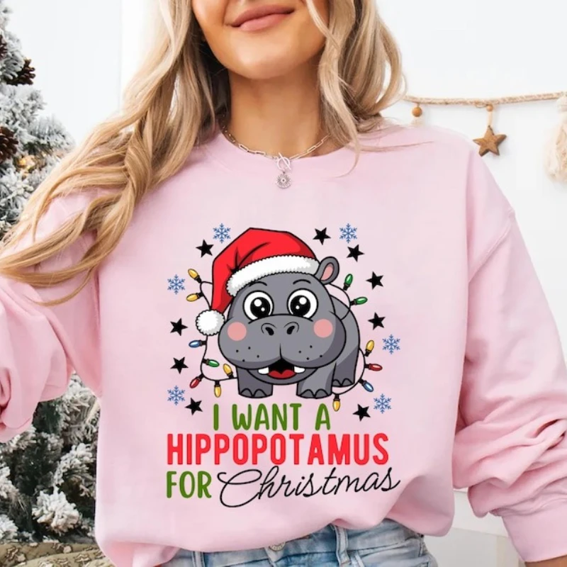 Voglio un ippopotamo per Natale Felpa con cappuccio Ippopotamo Luci Felpa Ippopotamo Carino Autunno e Inverno Ropa De Mujer Regalo donna