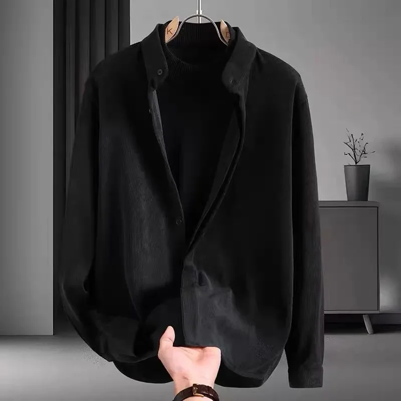 Men's Autumn‑Winter Stand‑Collar Thickened Wool‑Like Shirt, Business‑Casual Handsome Warm Inner Base‑Layer Top