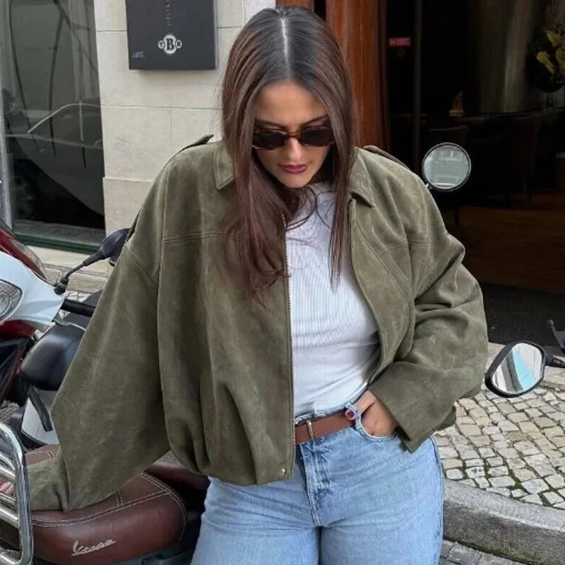 

Women's 2025 Spring New Olive Green Suede Collared Bomber Jacket Long Sleeve Zipper Oversize Chic Lady Cropped Streetwear Coat