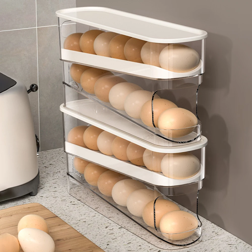 Egg Storage Box Large Capacity Automatic Scrolling Refrigerator Egg Holder Organizer Double Layer Egg Tray Drawer Box Case