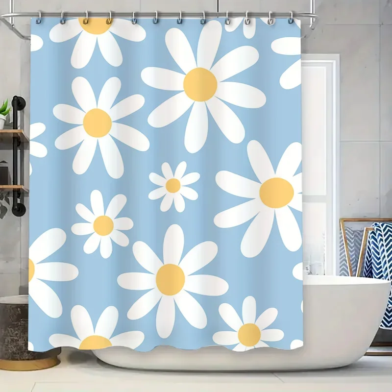

Синяя занавеска для душа с цветочным принтом, белые, желтые цветы, декоративные аксессуары для ванной, водонепроницаемая ткань для душа в ванной комнате (размер 180x240c)