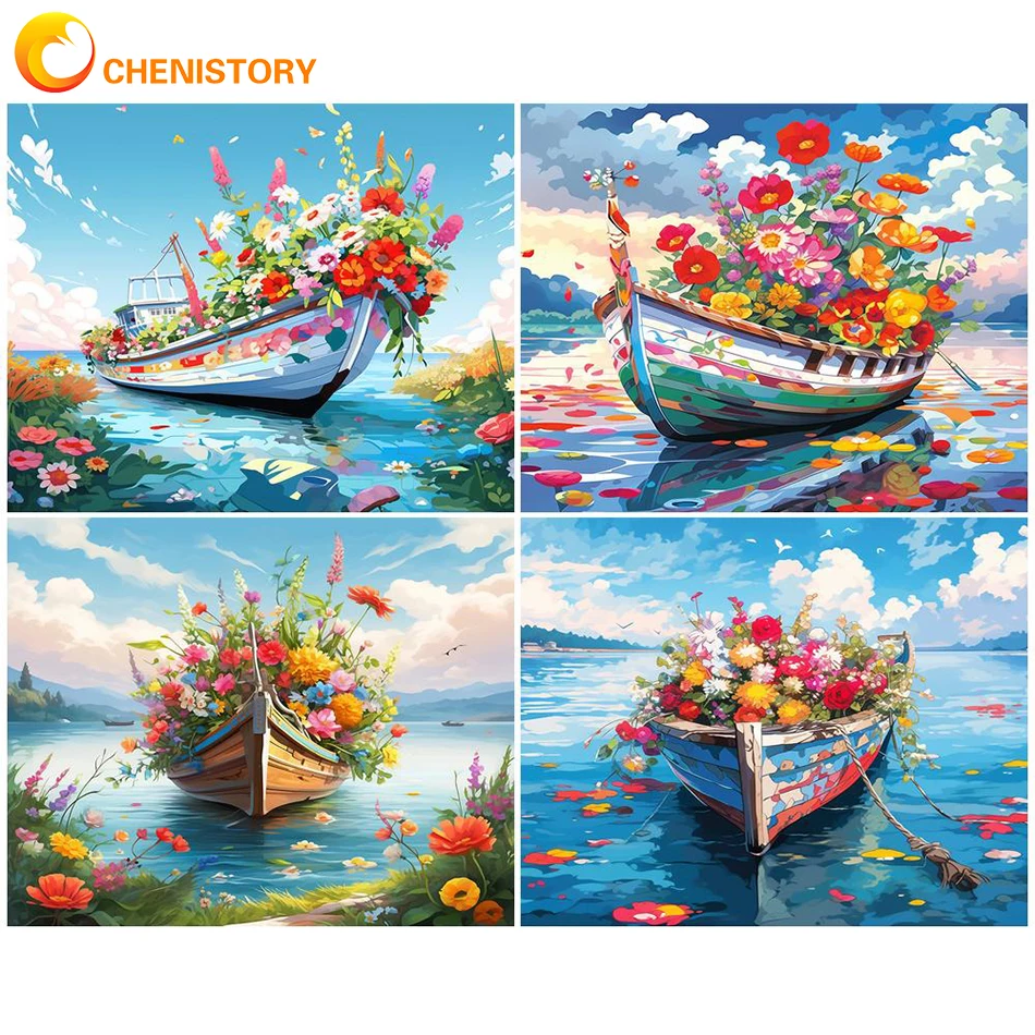 

PhotoCustom Paint By Numbers Boat Landscape DIY Oil Painting By Numbers Flower On Canvas Frameless Hand Painting For Home Decor