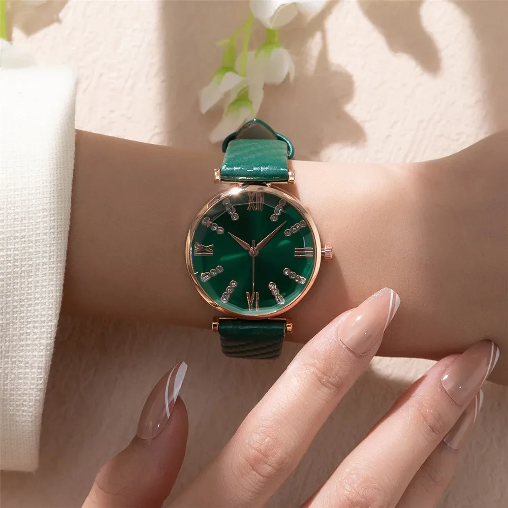 Light Luxury Ladies Brand Diamond Roman Design Watch for Women Dress Quartz Watch Fashion Green Leather Strap Women\'s Wristwatch