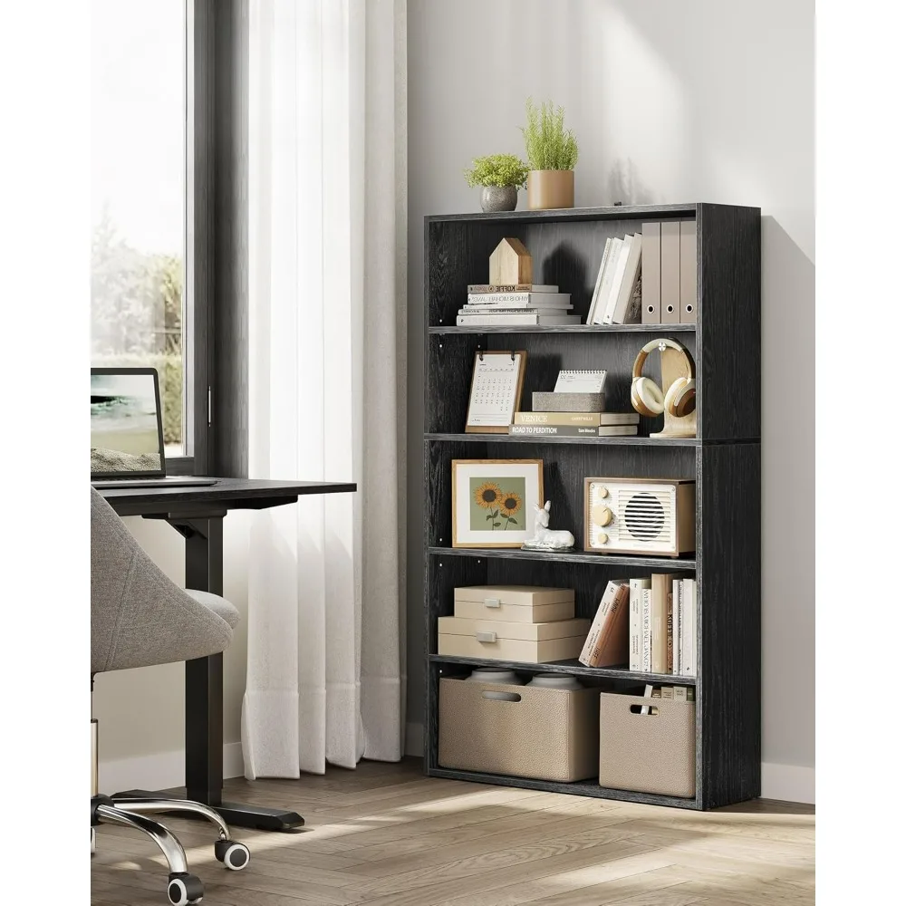 31.5 inches wide, 5-storey open bookshelf with adjustable storage shelves, floor standing unit, ebony black ULBC175T56