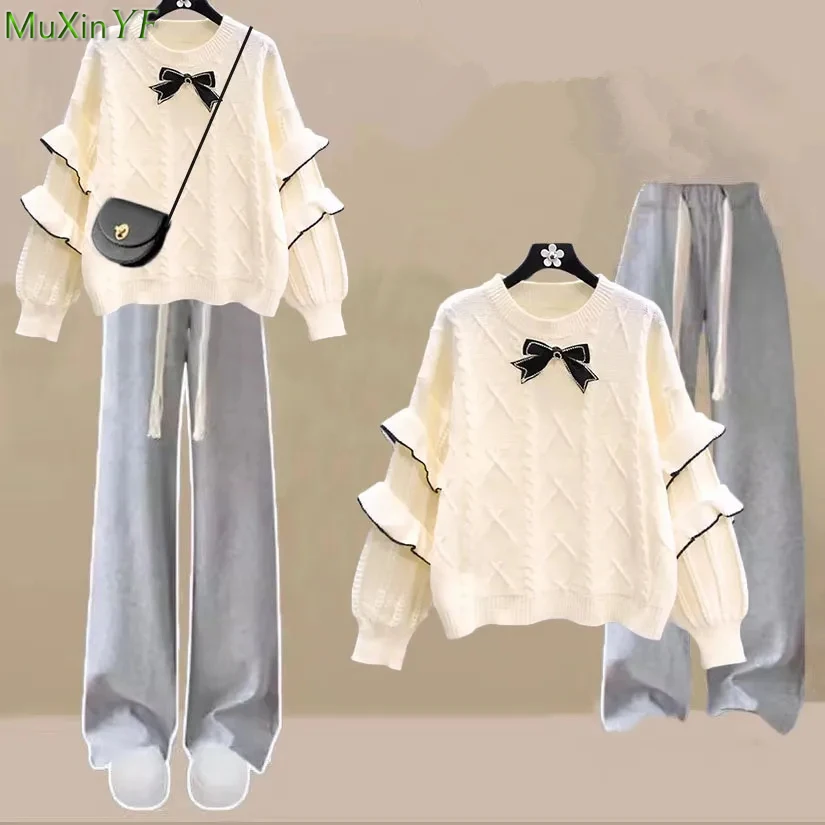 Autumn Winter New 1 or 2 Piece Sets Women Outfit Korean Lady Graceful Bowknot Sweater Tops Pants Outfits 2023 Knitwear Female