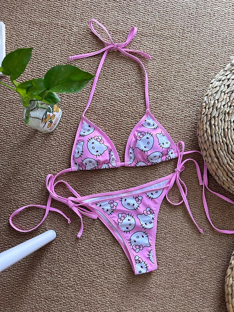سانريو مرحبا كيتي Kawaii البيكينيات مجموعة لطيف الكرتون أنيمي الصيف الشاطئ لينة الجانب Strappy سراويل Kawaii ملابس السباحة مثير بيكيني Y2k