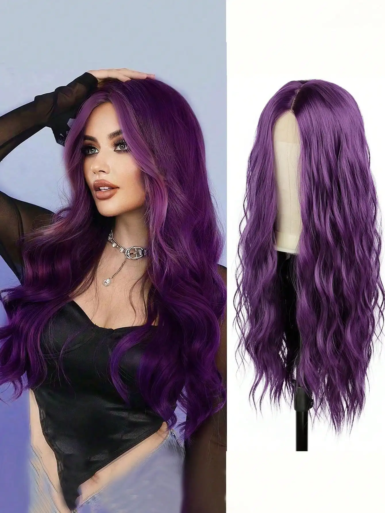 باروكة دانتيل أرجوانية مع موجات جسم طويلة، باروكة صناعية مقاومة للحرارة وخالية من 28 بوصة للحفلات التنكرية النسائية، إلخ