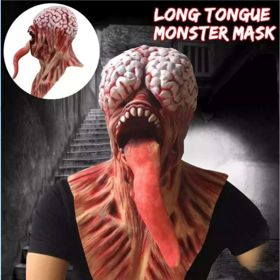 Nuovo copricapo horror di Halloween, maschera monster a lingua lunga, maschera smorfia horror, maschera da demone in lattice monster a lingua lunga.