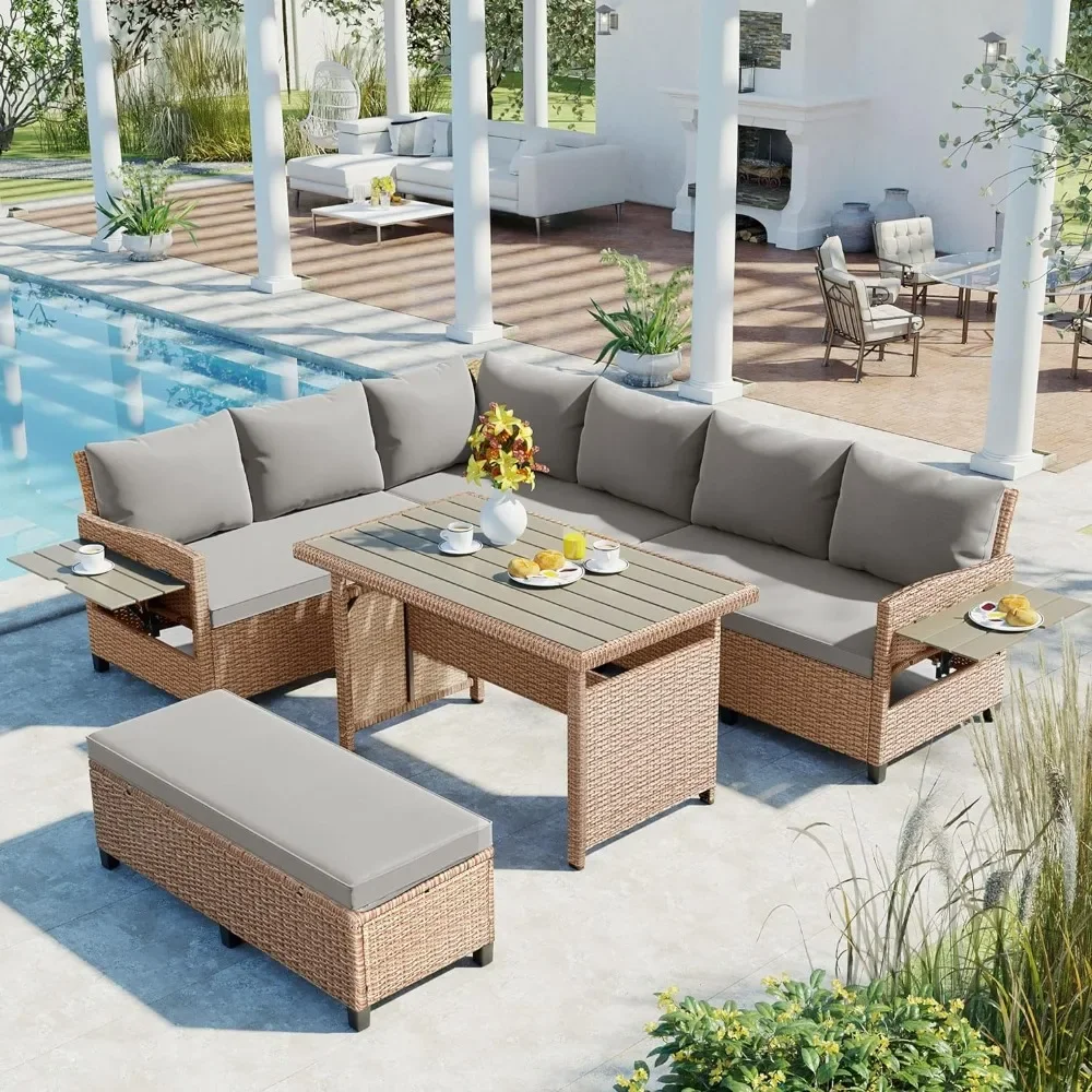 Sectional PE Wicker L-Shaped Garden Furniture Set With 2 Extendable Side Dining Table and Washable Covers for Backyard Indoor