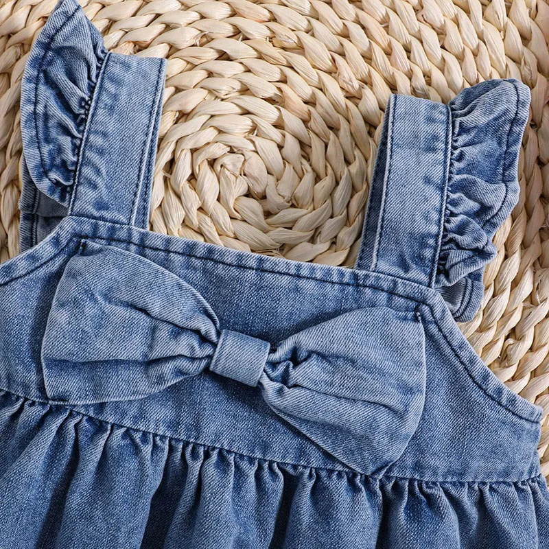 2024 New Summer Girl\'s Denim Suspenders Dress Kid\'s Sweet Bow Flying Sleeve Princess Dresses Children Outwear Clothes