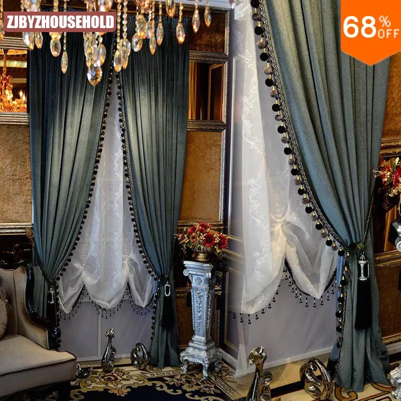 Blackout Thick Solid Velvet Curtain for Living Room Bedroom Pure Color Luxury Luxurious Drapery Door Bead Curtains Beaded