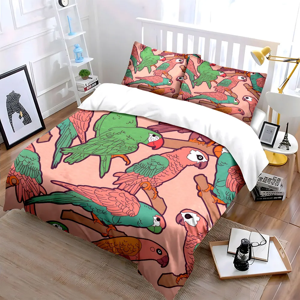 Colorful parrots perched on branches Pattern Duvet Cover Set Digital Print Colorful Polyester Bedding with Zipper Closur