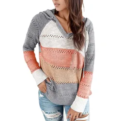 Fall Winter Patchwork Hooded Sweaters for Women Long Sleeve V-Neck Pullover Tops Jumper Plus Size Office Female Knit Sweaters