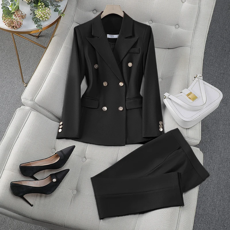 ZJYT Elegant Women\'s Blazer Pants Sets Autumn Fashion Double Breasted Jacket Trousers Suit Office Lady Work Outfit Matching Set