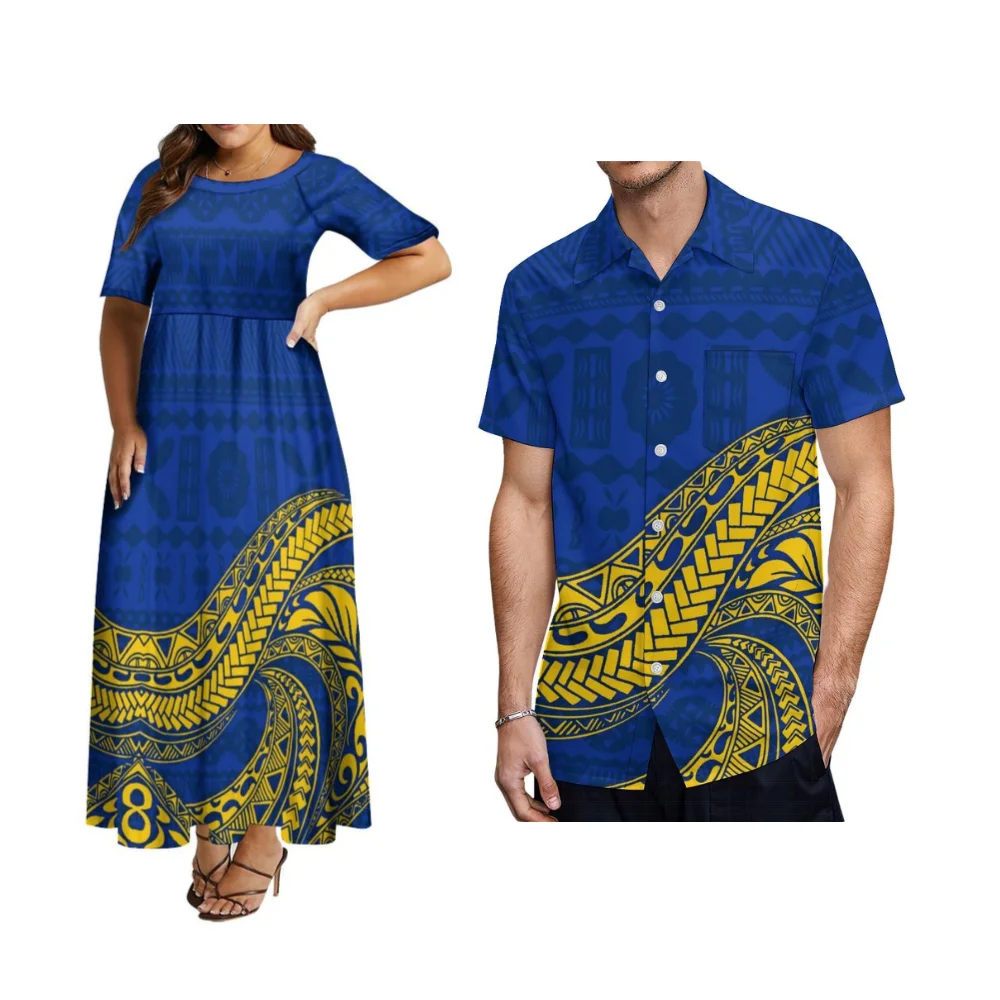 

Samoa Women'S Crew Neck Dress Summer Couple Set Polynesian Vintage Print With Men'S Pocket Shirt 9xl